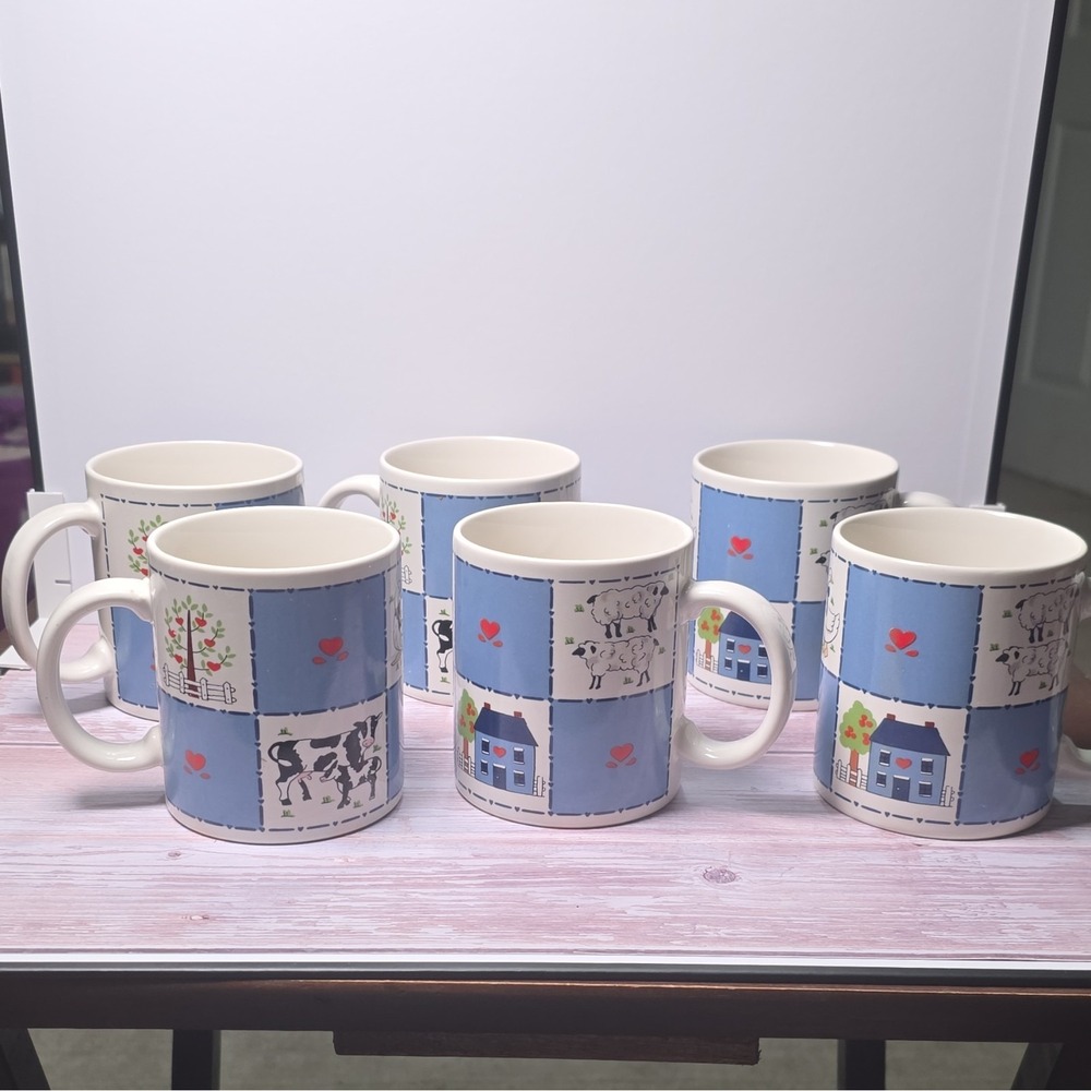 6pc Patchwork Farm Animal Heart Ceramic Coffee Mug Set 10 fl oz Blue White Japan